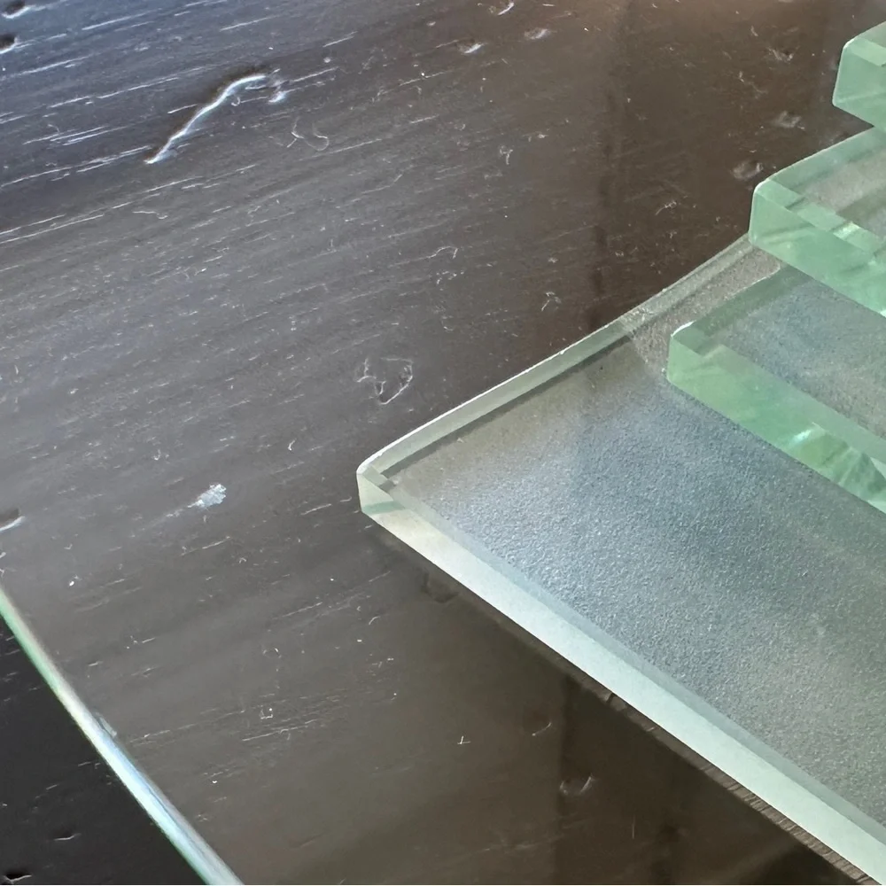 PARTYLITE, RETIRED, 3-WICK GLASS CANDLE HOLDER WITH GLASS STEP PEDESTAL.